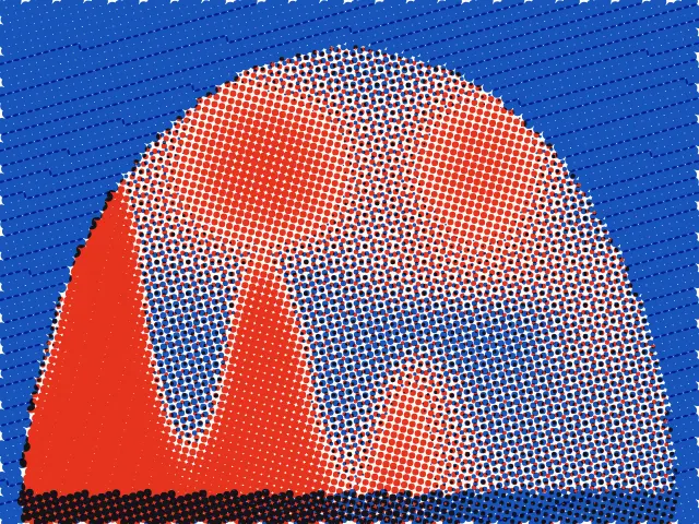Wood fire licking up the left side of a Neapolitan oven, printed in red and blue dots